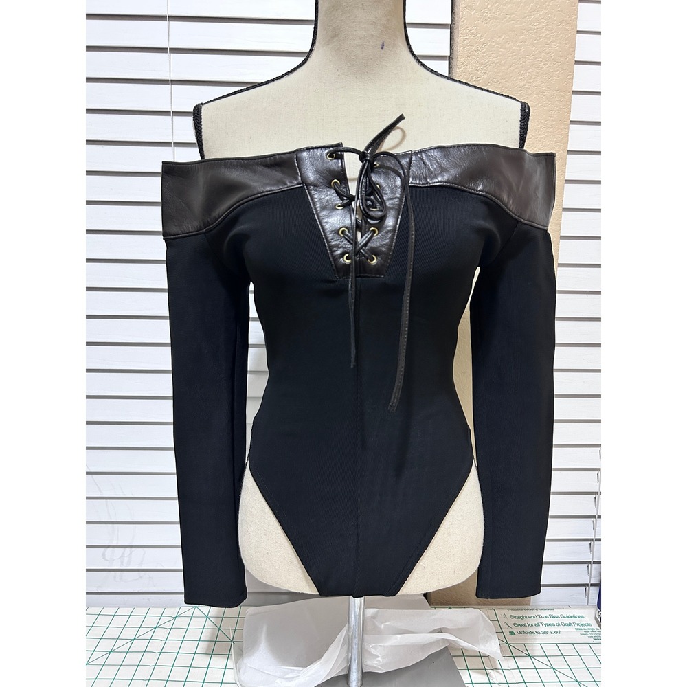 Firenze Santa Barbara Medium Leather ribbed Lace Up Bodysuit Black Vintage Goth